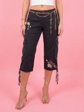 Black Embroidered Cargo Capri Jeans